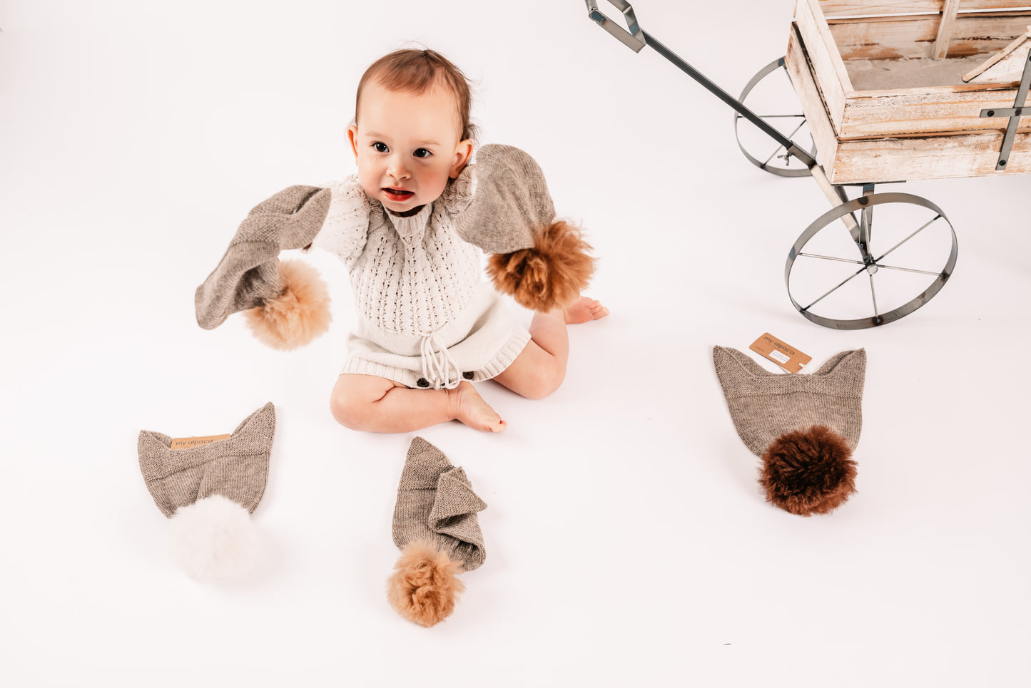 Child Alpaca Bonnet Hat with Alpaca Pom Pom