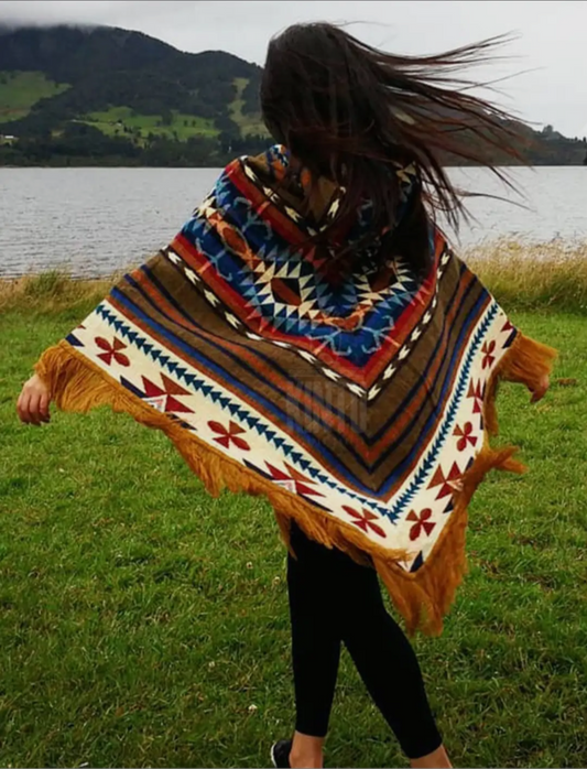 Alpaca Poncho with Native Pattern Triangular Design