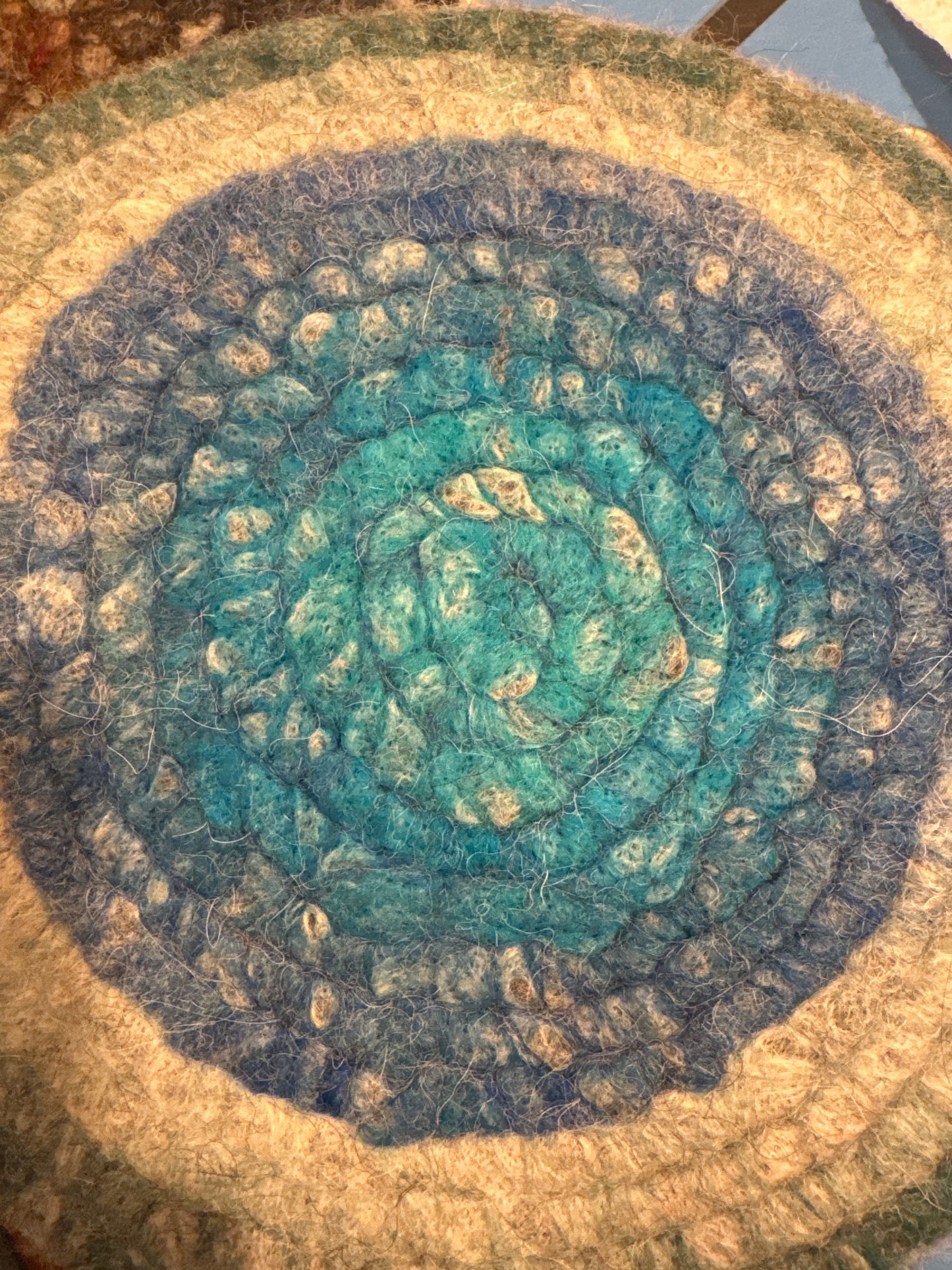 Blue/Green Trivet from Enchanted Farms Alpaca Fiber!! 7.5”