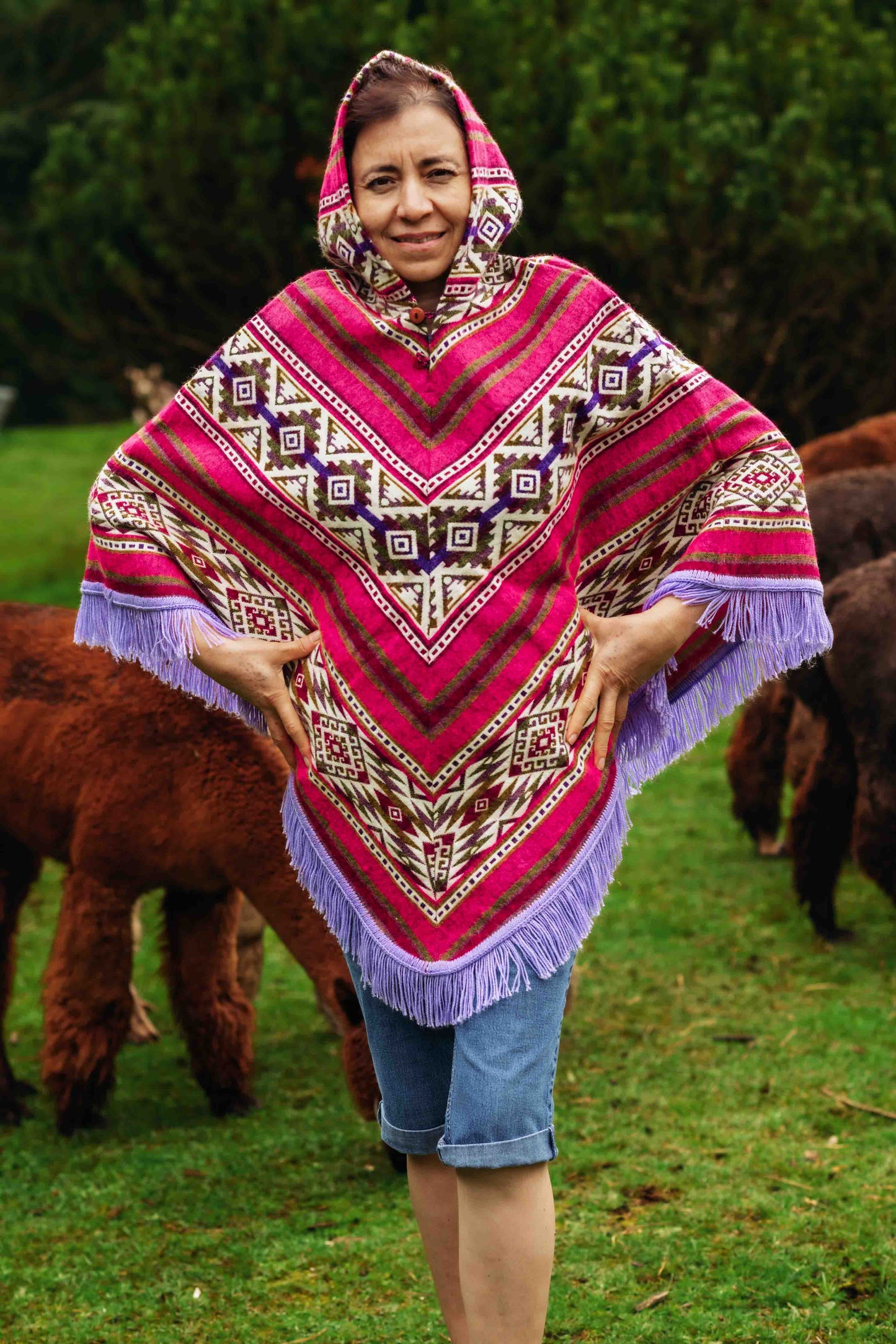 Little Kids Conquistador Alpaca Poncho - Boho - with Native Pattern Triangular Design