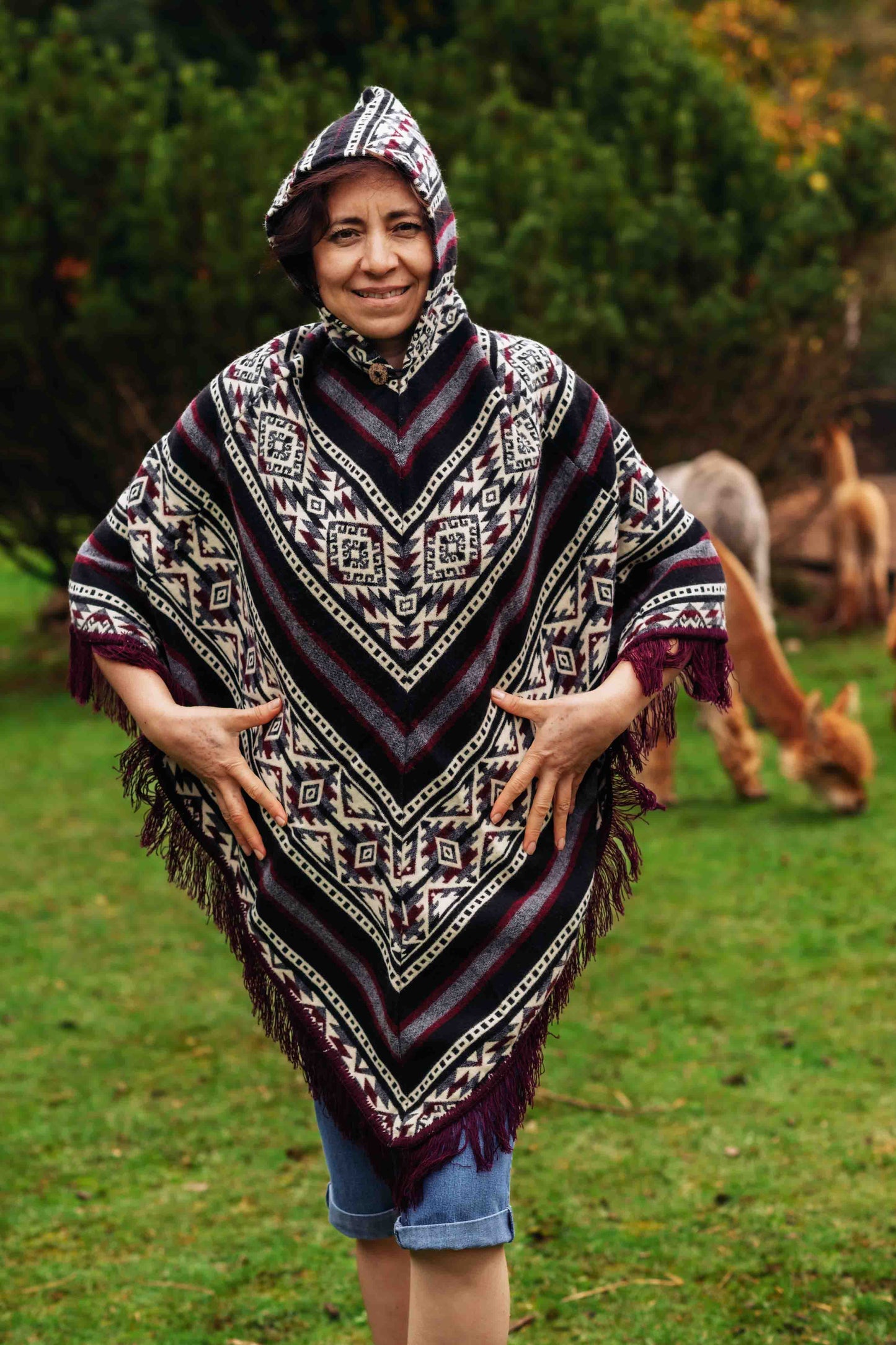 Little Kids Conquistador Alpaca Poncho - Boho - with Native Pattern Triangular Design