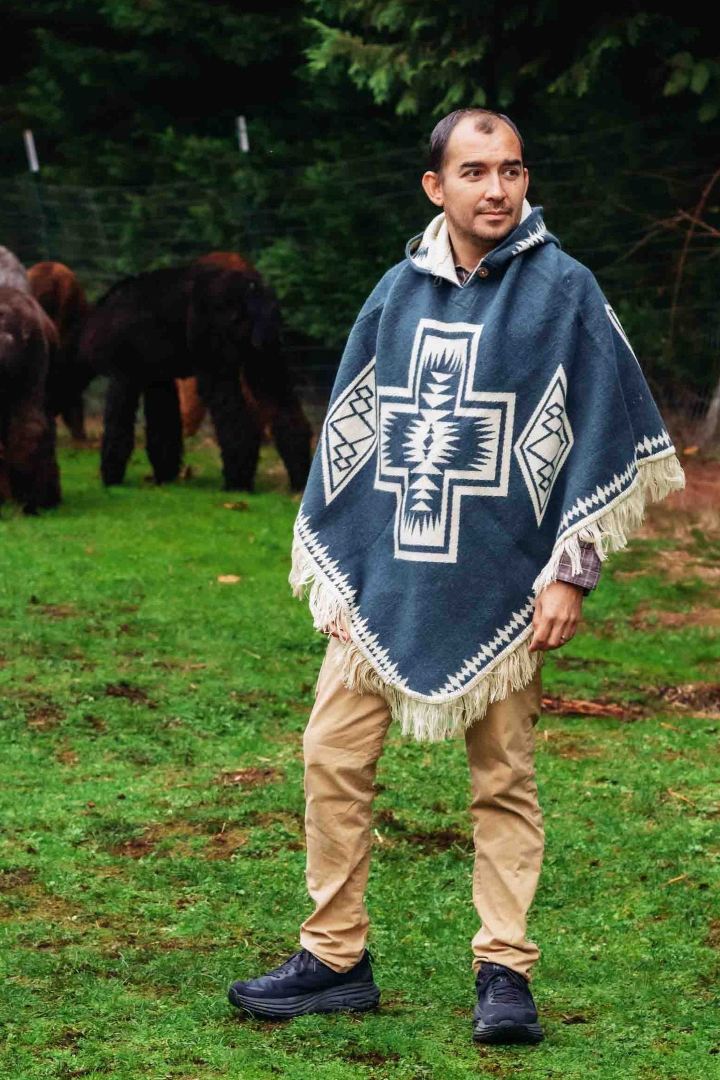 Conquistador - Blue - Alpaca Poncho with Native Pattern Triangular Design