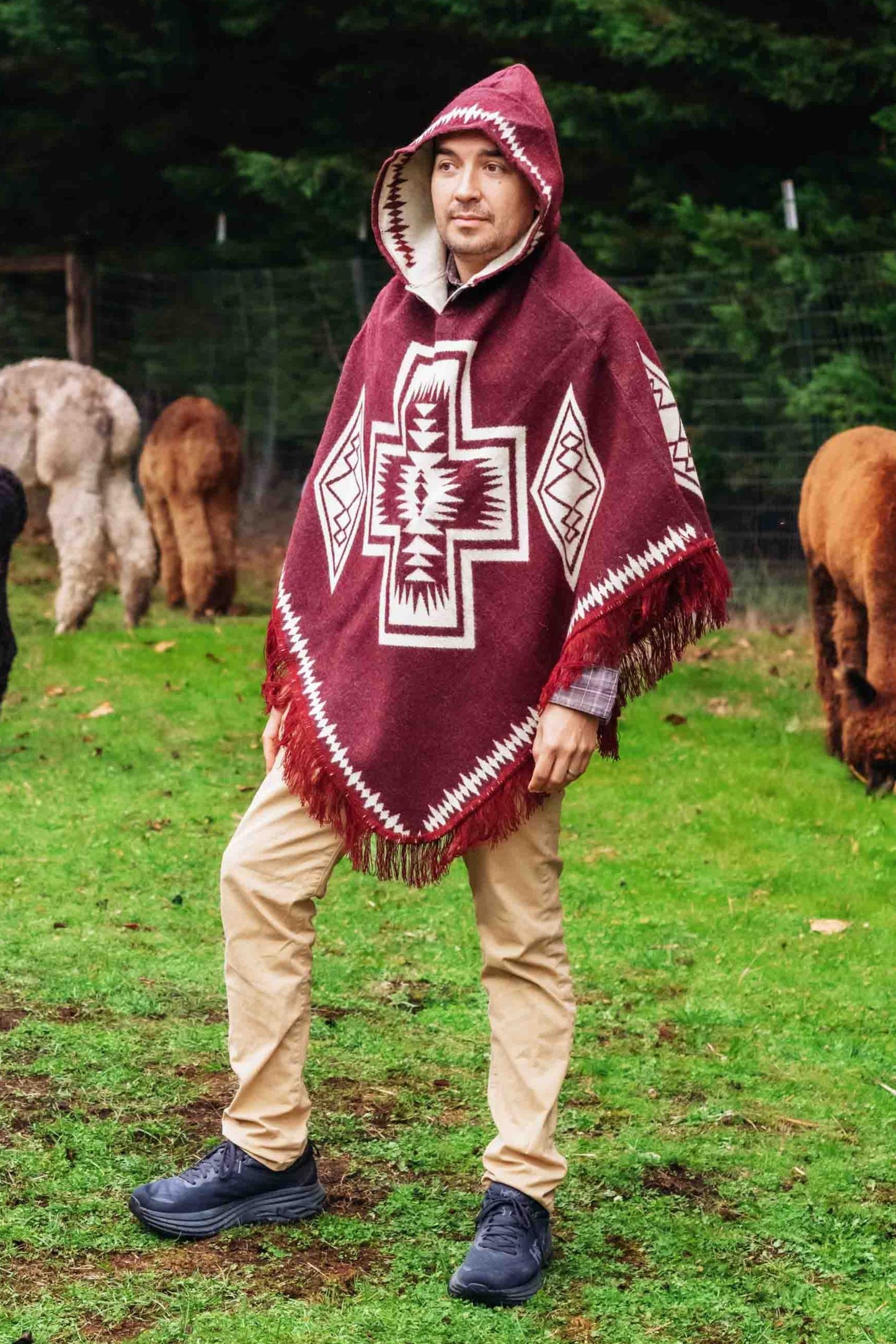 Conquistador - Burgundy - Alpaca Poncho with Native Pattern Triangular Design