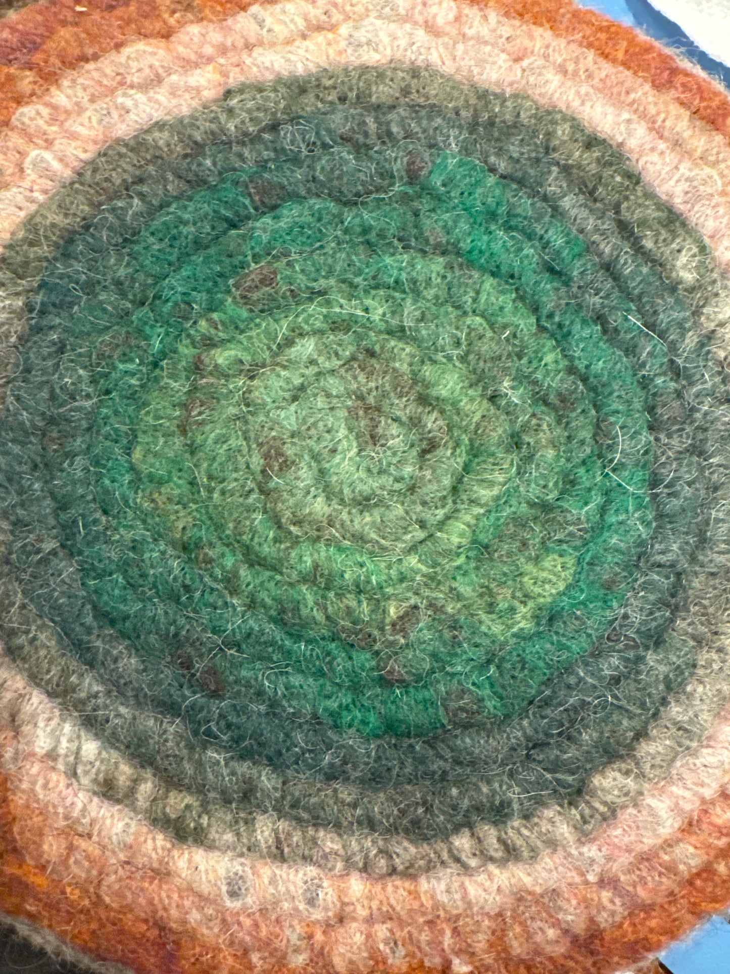 Blue/Green Trivet from Enchanted Farms Alpaca Fiber!! 7.5”