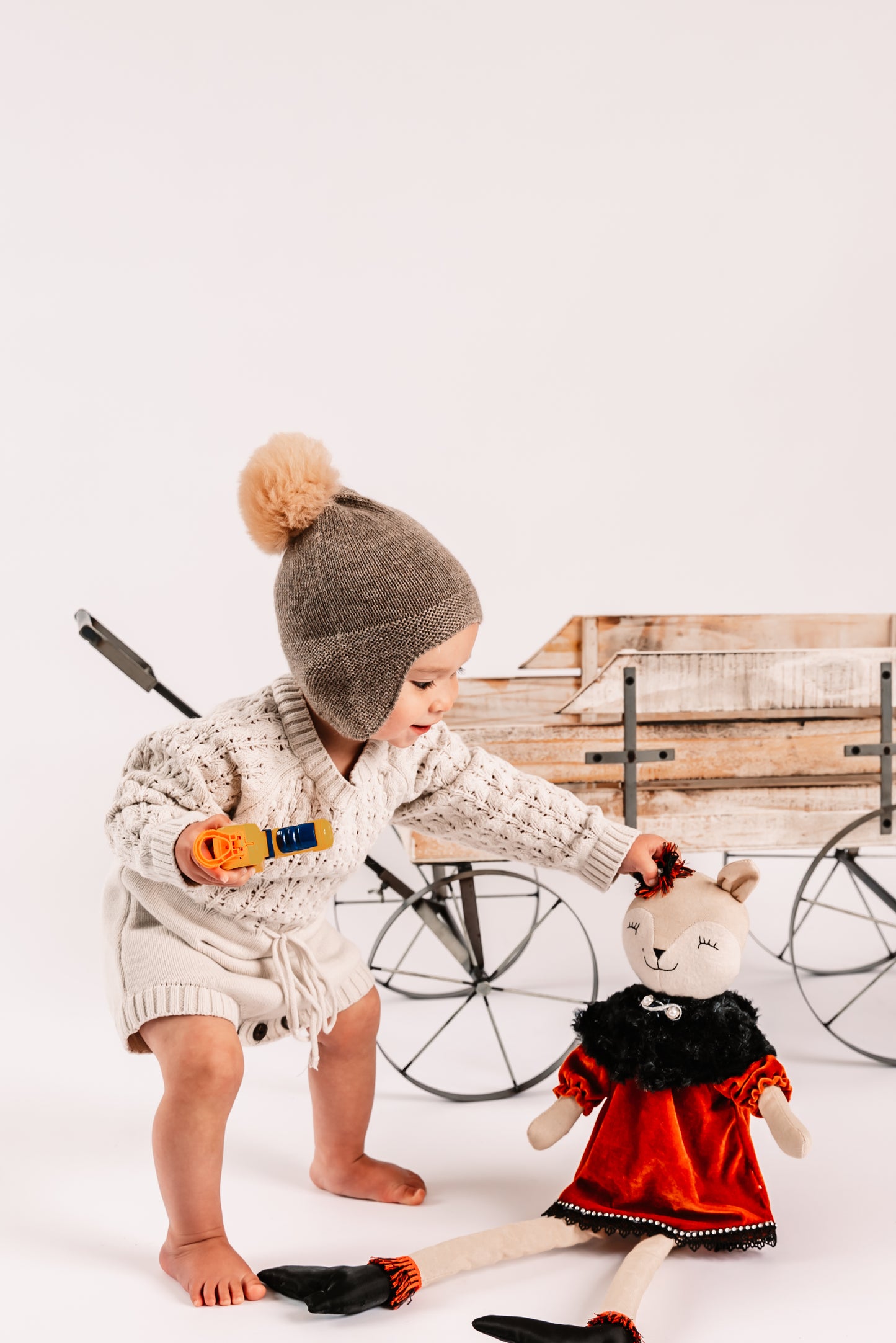 Child Alpaca Bonnet Hat with Alpaca Pom Pom