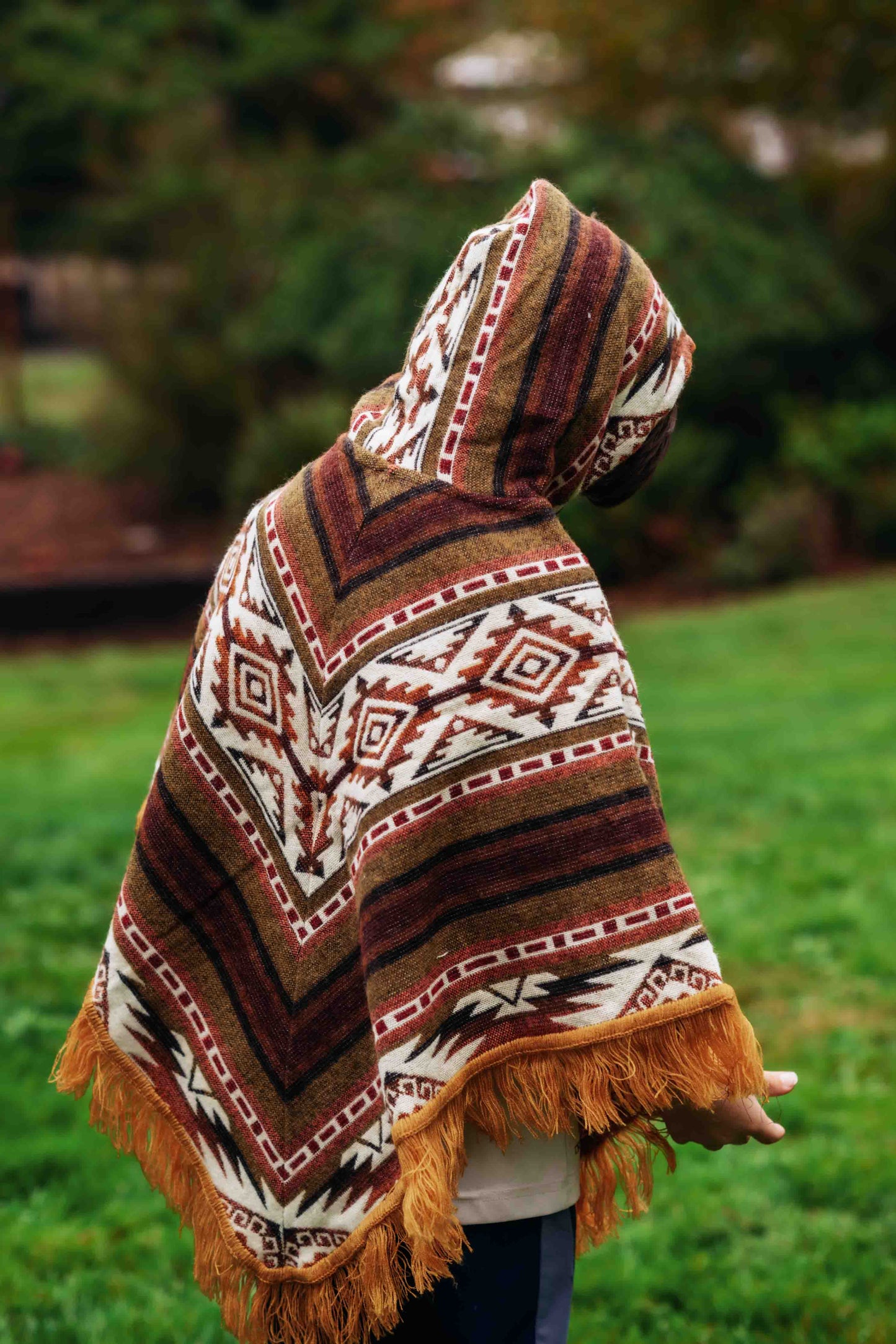 Kids Conquistador Alpaca Poncho - Brown - with Native Pattern Triangular Design