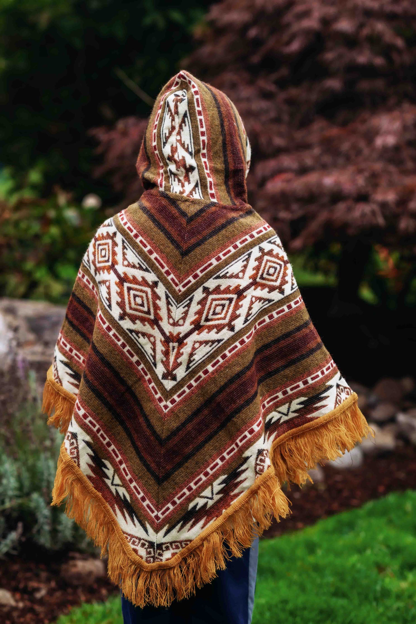 Kids Conquistador Alpaca Poncho - Brown - with Native Pattern Triangular Design