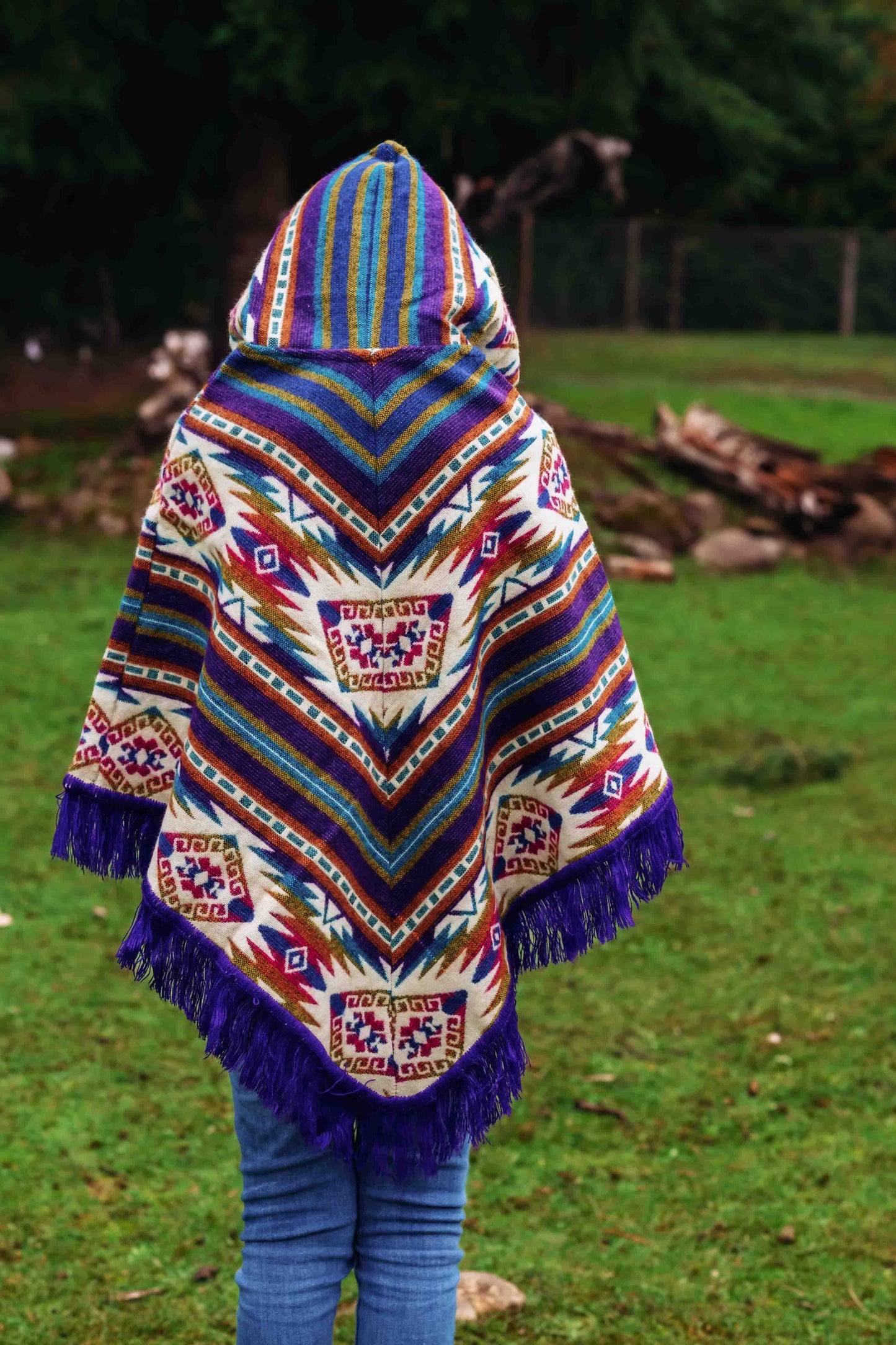 Little Kids Conquistador Alpaca Poncho - Boho - with Native Pattern Triangular Design