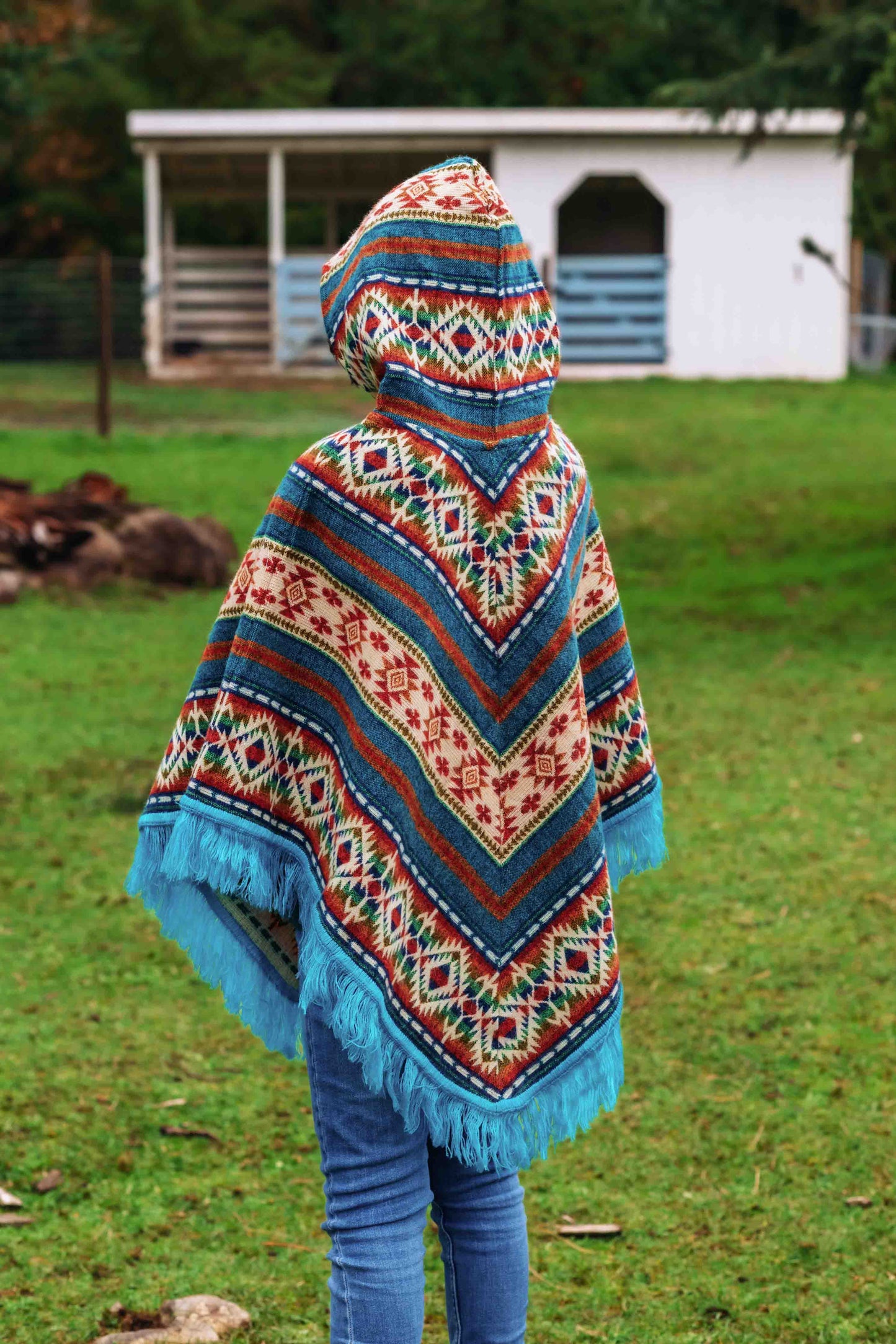 Little Kids Conquistador Alpaca Poncho - Boho - with Native Pattern Triangular Design