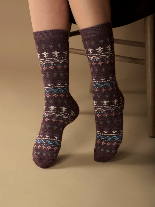 Purple Flower Alpaca Socks | Light Cushion | Crew Socks