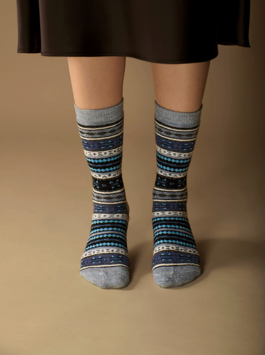 Blue Gray Striped Fair Isle | Alpaca Socks | Full Cushion