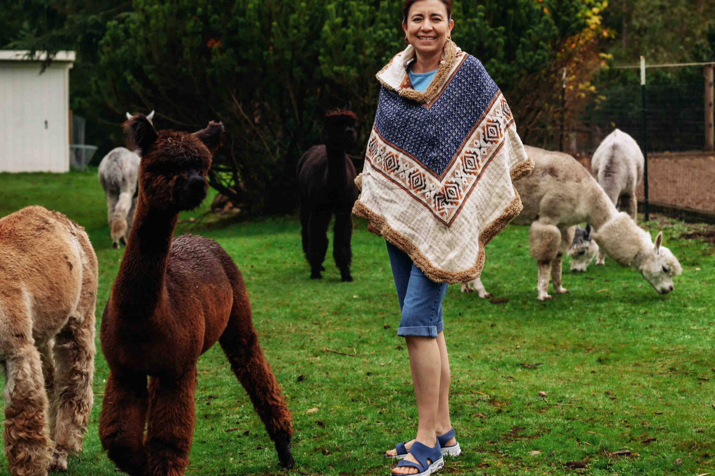 The Inca King - Natural - Alpaca Ruana Poncho with Native Pattern Triangular Design